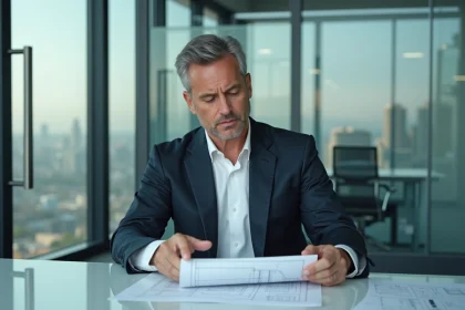 Chef projet en costume dans un bureau moderne examinant des plans