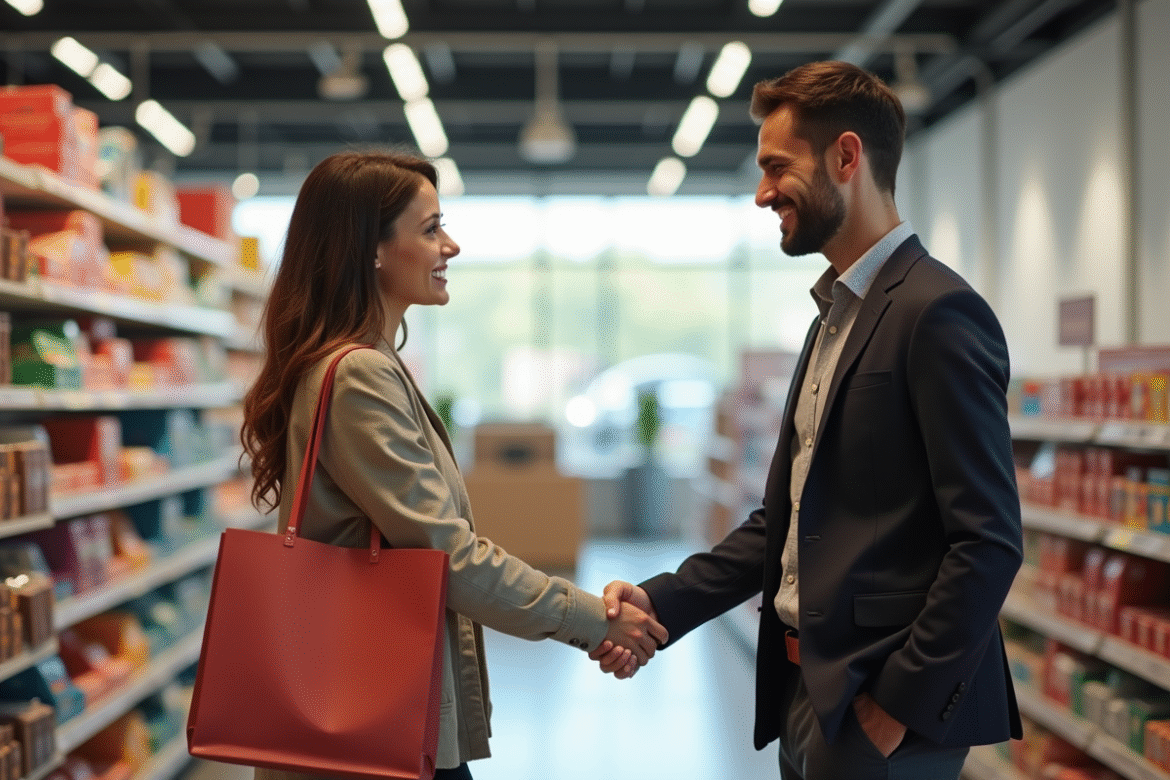 Client satisfait dans un magasin moderne avec sac de shopping