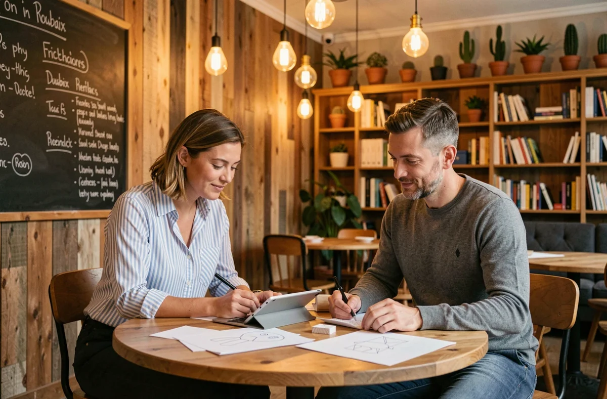 Deux créatifs collaborant autour d'une table dans un salon de coworking chaleureux à Roubaix