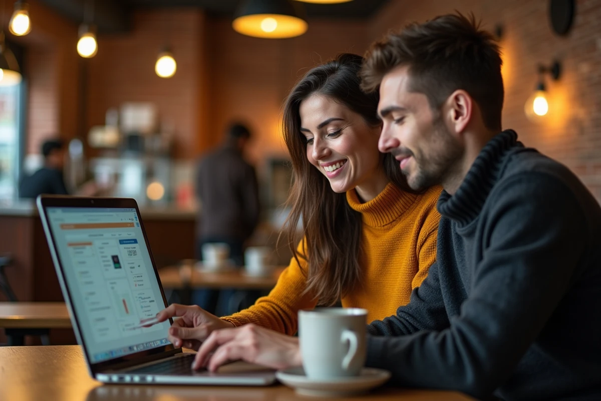 Deux collègues dans un café consultant des cas d'usage Opraz sur un ordinateur portable, atmosphère détendue et collaborative