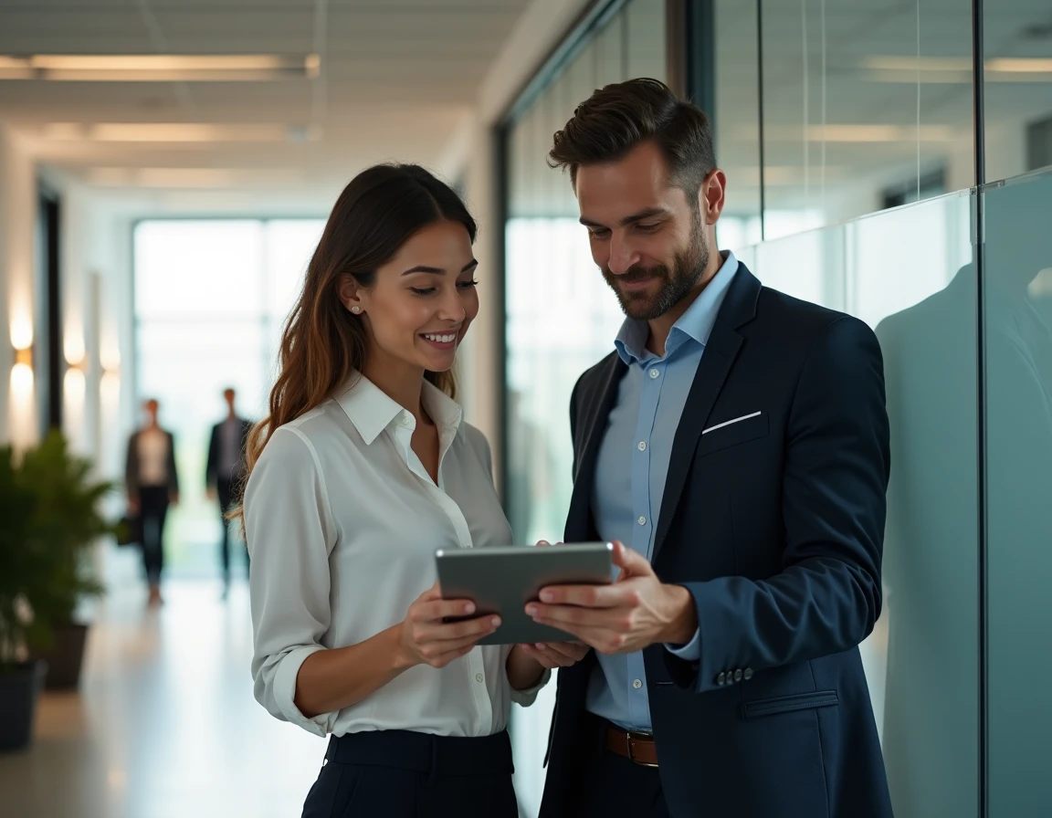 Deux collègues en entreprise évaluant ensemble la fiabilité d'Orionb2b.fr pour recruter ou trouver un emploi stable
