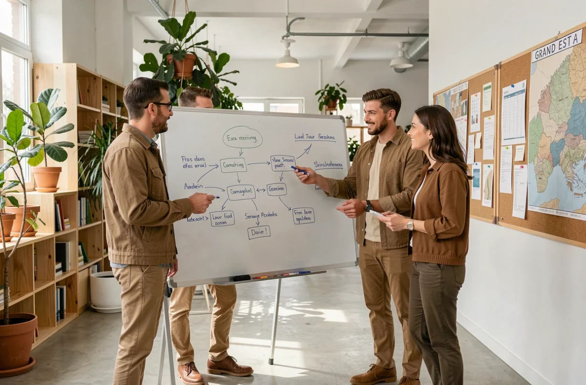 Équipe créative de l'agence Comm'pagnie dans le Grand Est collaborant sur une stratégie digitale autour d'un tableau blanc