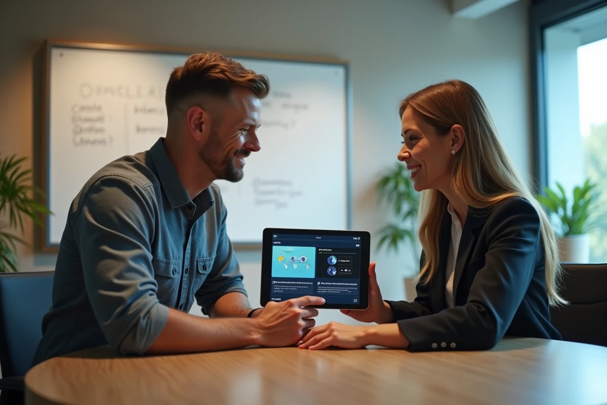 Deux professionnels de l'automobile comparant l'espace affilié Sécuritest et l'intranet réseau sur tablette en salle de réunion