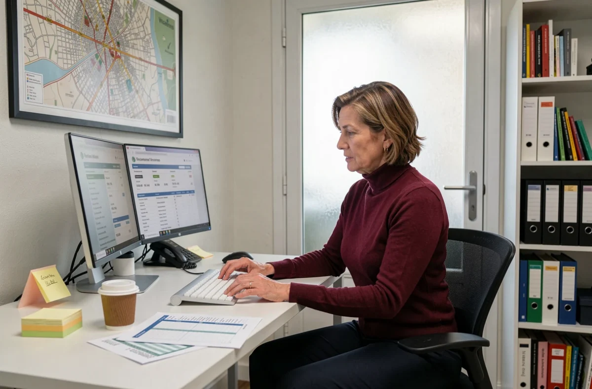 Femme d'affaires comparant les prix de location de bureaux à Vincennes sur ordinateur
