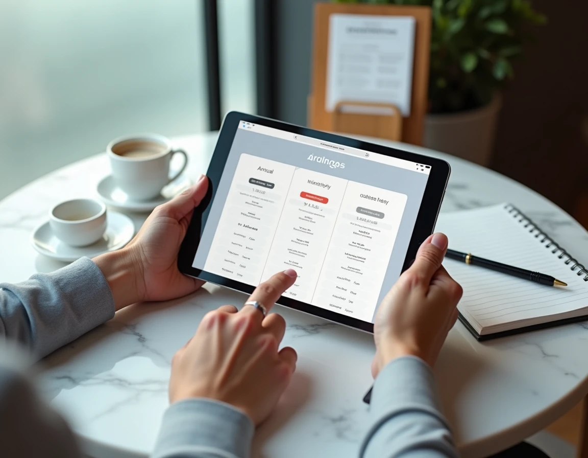 Mains comparant les options d'abonnement et tarifs d'Envato Elements sur une tablette dans un café minimaliste