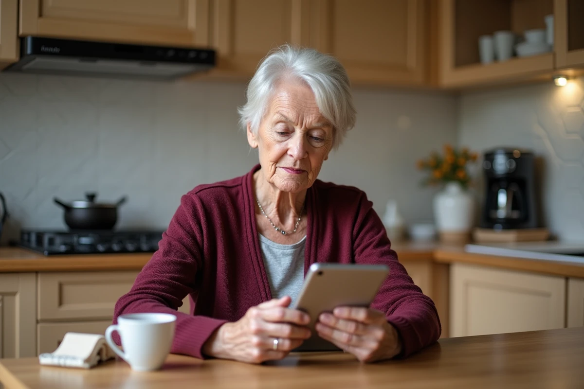 Femme comparant l'accès à son compte Terciel sur smartphone et tablette à la maison
