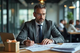 Comptable analysant la fiscalité des cadeaux salariés avec documents et cadeau d'entreprise sur son bureau