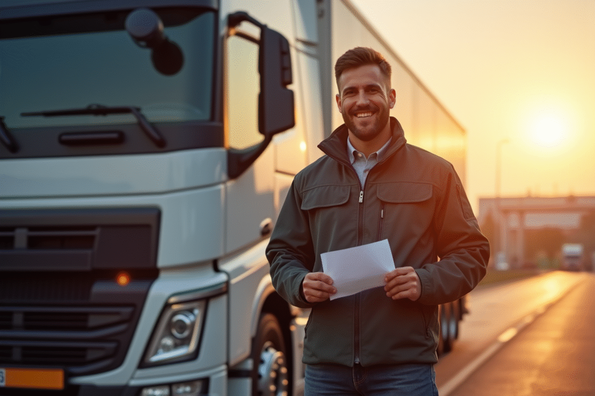 Conducteur de camion souriant avec un camion moderne au lever du soleil
