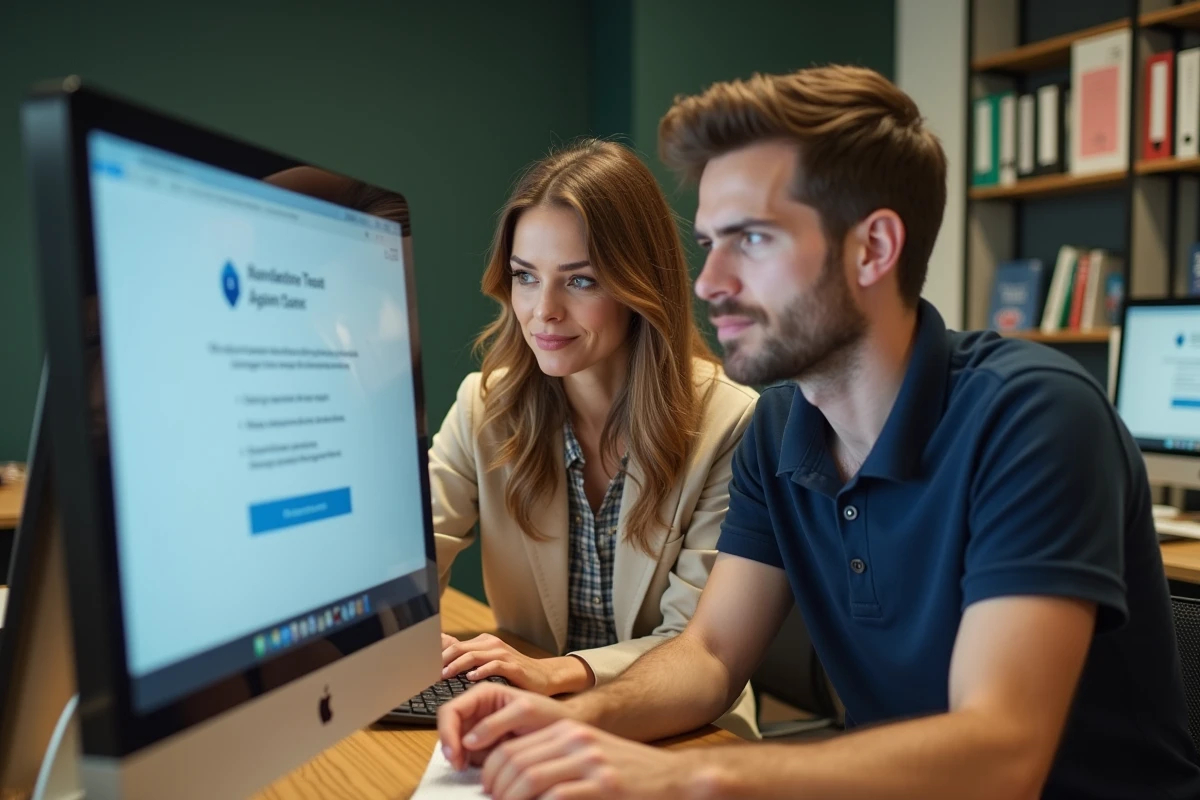Deux collègues résolvant ensemble une erreur de configuration de compte Advango sur ordinateur