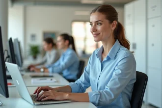 Femme professionnelle connectée à son espace de travail IntraParis sur un ordinateur portable en open space