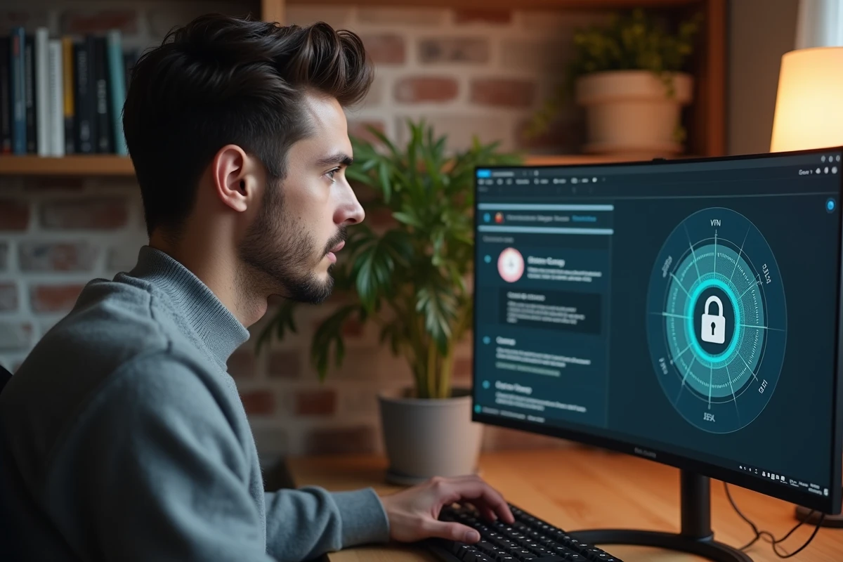 Jeune professionnel saisissant un mot de passe sécurisé sur son bureau à domicile pour protéger l'accès à ses données personnelles via un VPN