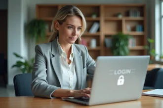 Femme professionnelle se connectant à son compte Terciel sur un ordinateur portable dans un bureau moderne