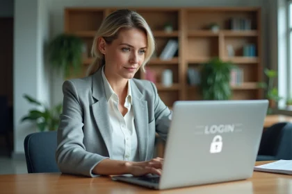 Femme professionnelle se connectant à son compte Terciel sur un ordinateur portable dans un bureau moderne