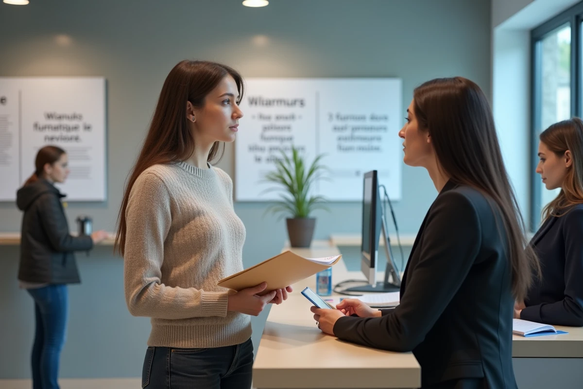 Jeune femme en CDD consultant un conseiller Pôle Emploi sur ses droits à indemnité suite à une démission