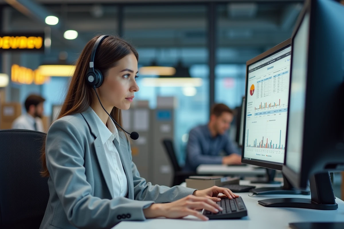 Conseillère service client en centre d'appels traitant une réclamation de livraison sur ordinateur