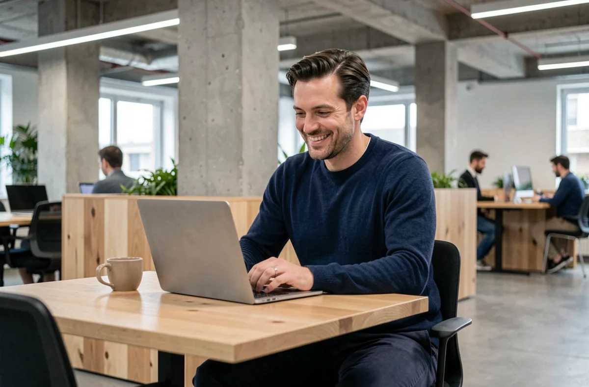 Consultant indépendant souriant dans un espace de coworking moderne utilisant un service de secrétariat en ligne