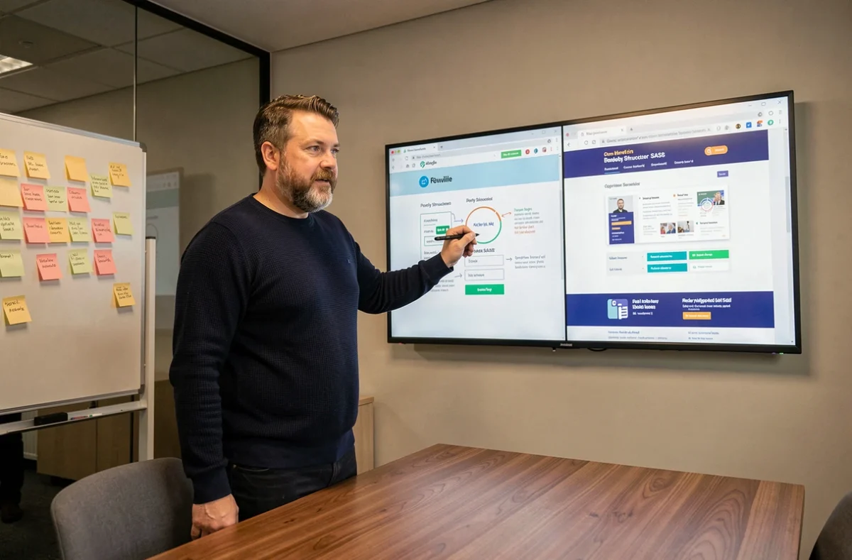 Un consultant SaaS identifie les erreurs d'optimisation d'un site vitrine lors d'une présentation comparative en salle de réunion