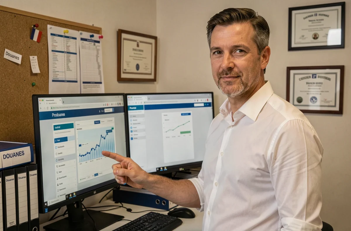 Consultant en douanes PME présentant l'interface du portail Prodouane sur un écran d'ordinateur