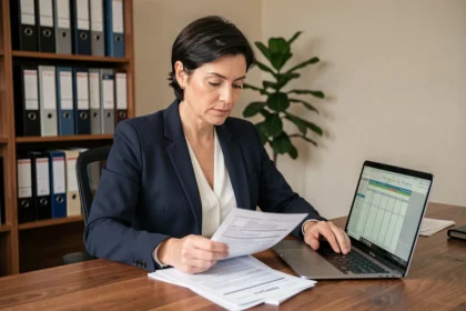 Femme consultante en portage salarial qui analyse ses documents fiscaux et déclarations d'impôts sur son bureau à domicile