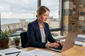 Consultante indépendante en portage salarial travaillant dans un bureau avec vue sur les remparts de Saint-Malo