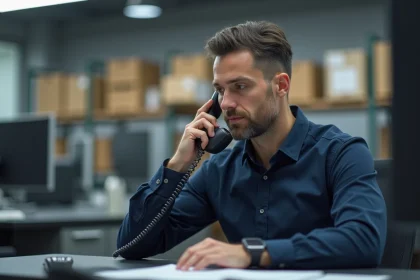 Coordinateur logistique professionnel passant un appel téléphonique au bureau pour le suivi d'un colis Geodis