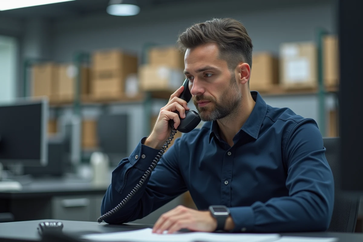 Coordinateur logistique professionnel passant un appel téléphonique au bureau pour le suivi d'un colis Geodis