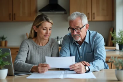 Couple d'adultes examinant des papiers à la maison