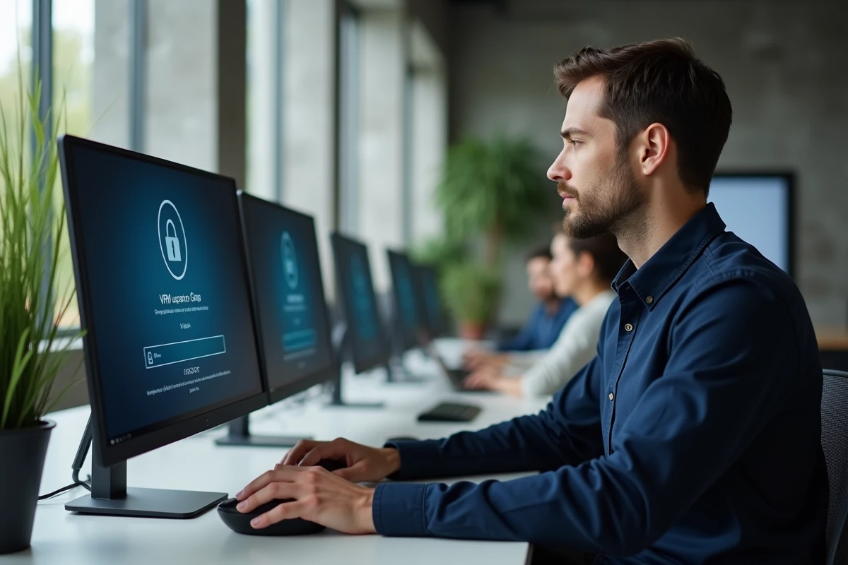 Employé en espace de coworking vérifiant son accès VPN sur un double écran