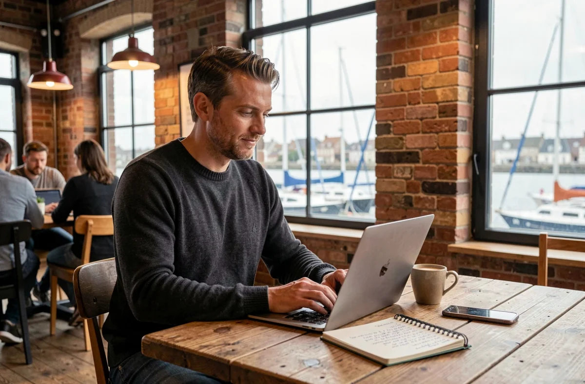 Travailleur indépendant en portage salarial dans un espace de coworking avec vue sur le port de Saint-Malo