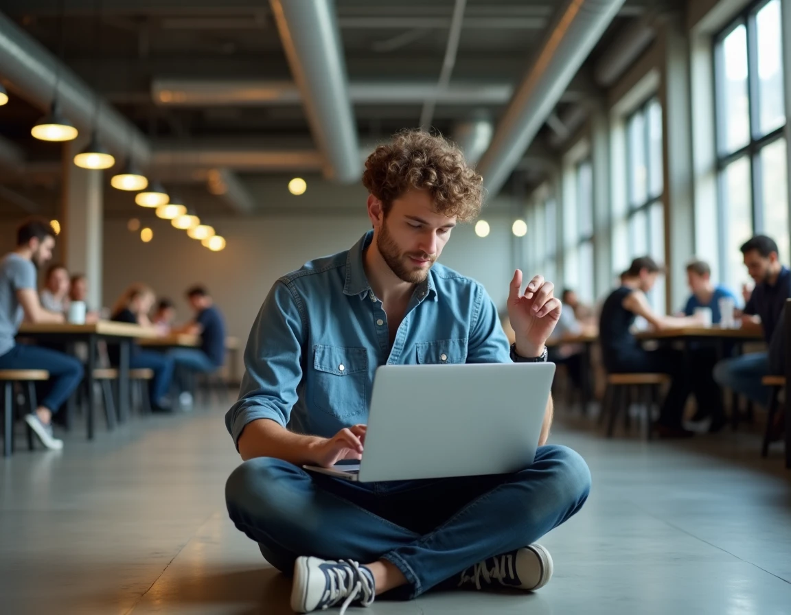 Jeune créatif utilisant la bibliothèque de ressources numériques Envato Elements dans un espace de coworking industriel