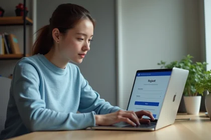 Jeune femme créant un compte en ligne sur son ordinateur portable dans un bureau à domicile moderne
