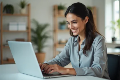 Femme professionnelle créant son compte myPrimobox sur un ordinateur portable dans un bureau moderne