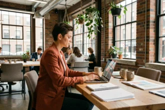 Créatrice travaillant dans un espace de coworking à Roubaix avec murs en briques et grandes fenêtres industrielles