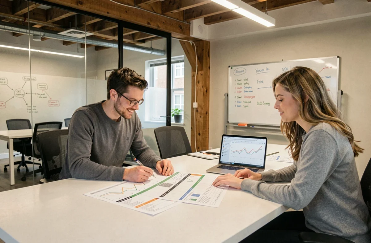 Équipe de l'agence Cyl Com révisant un calendrier de contenu SEO et des données analytiques dans leur bureau