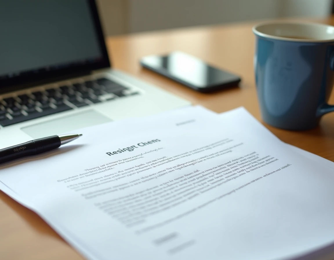 Bureau avec une lettre de démission imprimée posée près d'un ordinateur, symbolisant la rupture d'un contrat d'apprentissage