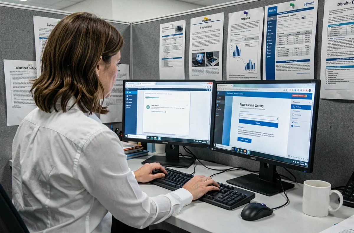 Employée dépannant un problème de connexion à l'intranet Inetum sur un poste de travail double écran en entreprise
