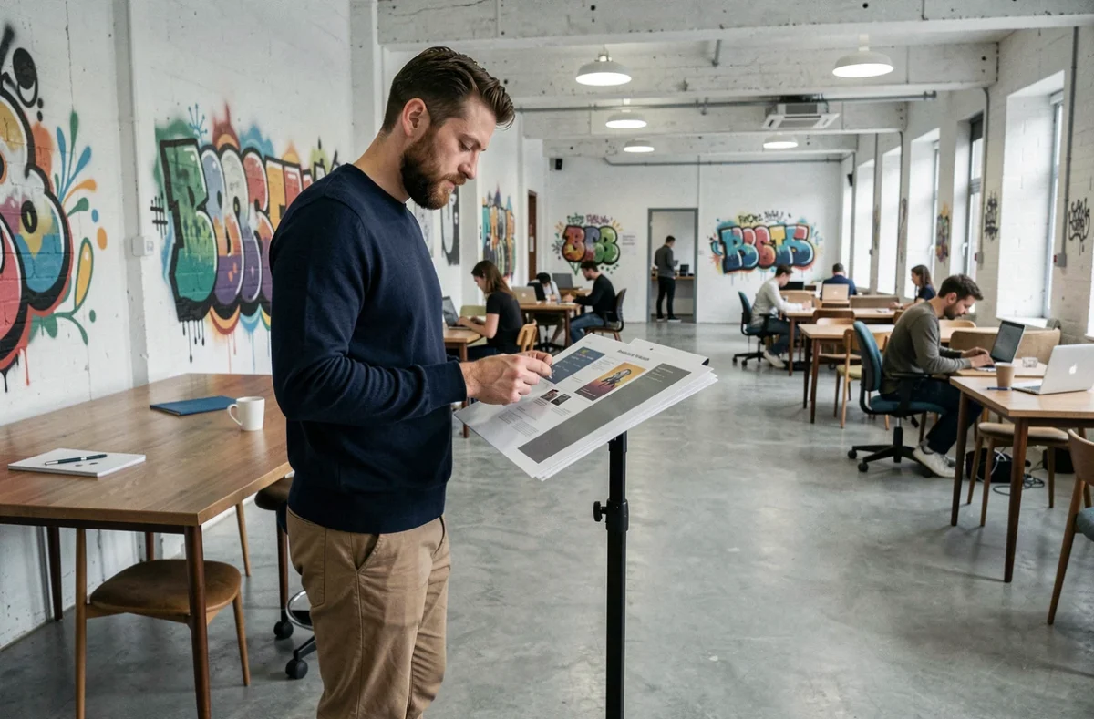 Designer debout à son bureau dans un coworking moderne de Roubaix avec fresques murales colorées