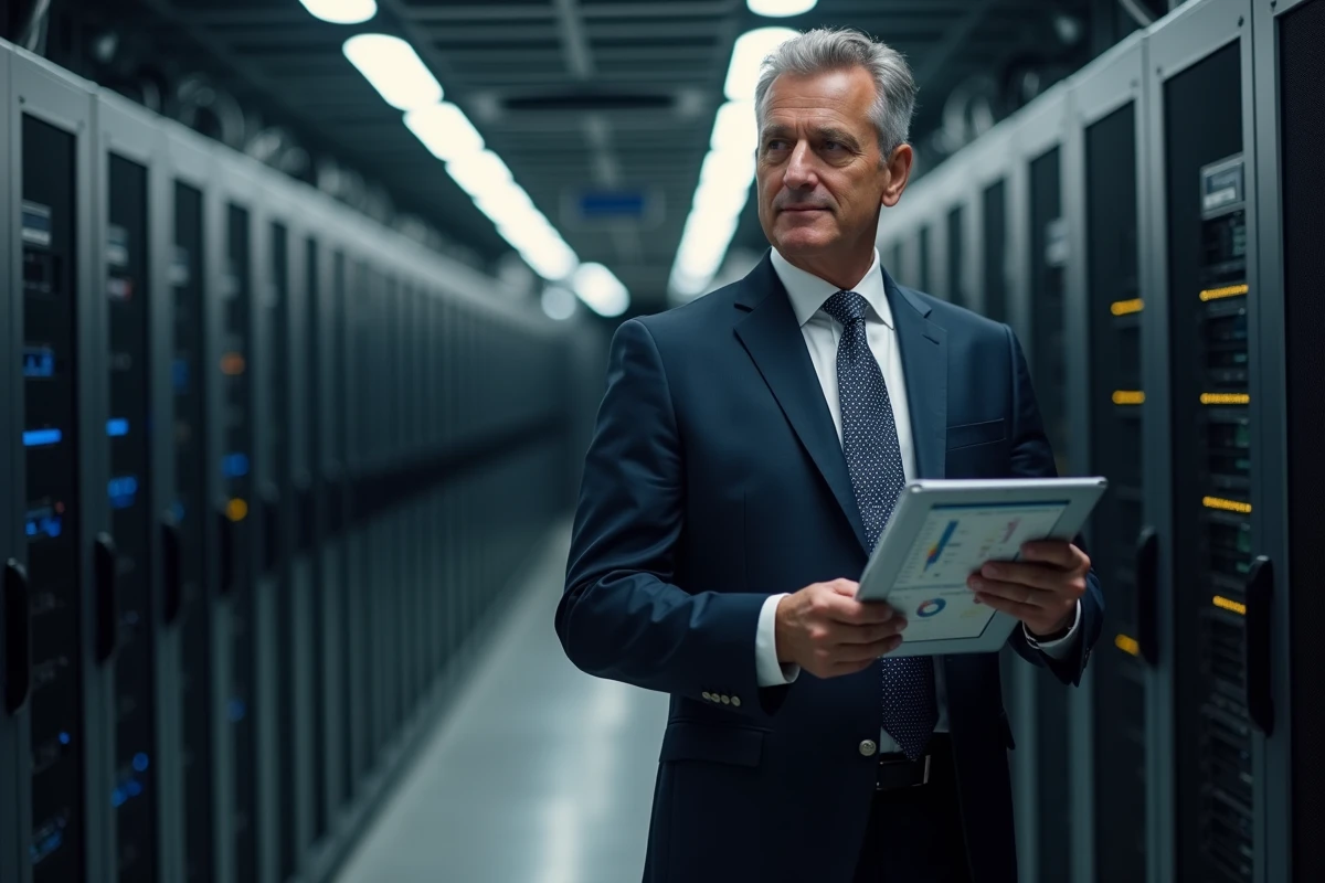 CIO en costume dans une salle serveurs moderne