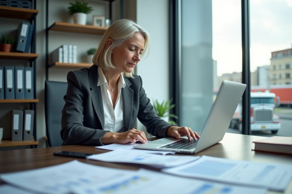 Directrice de société de transport comparant des logiciels de télématique de flotte sur ordinateur portable dans un bureau avec vue sur des véhicules de livraison