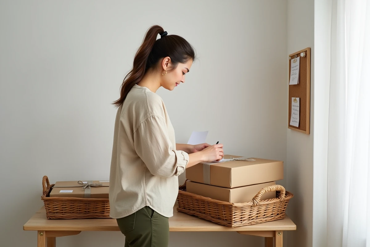 Jeune femme auto-entrepreneuse apposant des étiquettes d'expédition sur des colis emballés dans un bureau à domicile aménagé