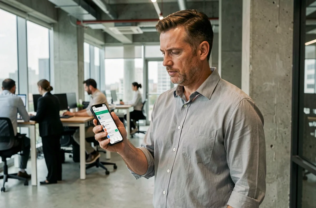 Employé masculin utilisant l'application mobile RH connexion dans un bureau moderne en open space