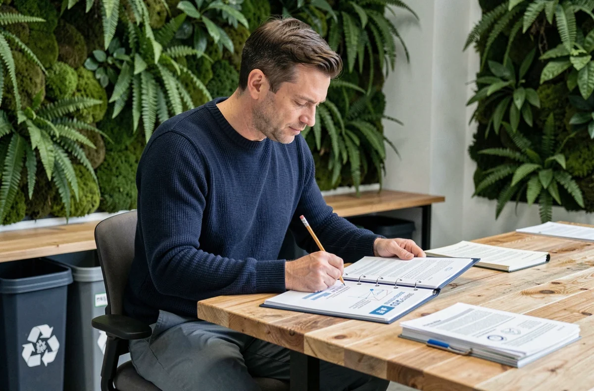 Employé consultant un plan d'action RSE imprimé à son bureau dans un espace de travail écoresponsable