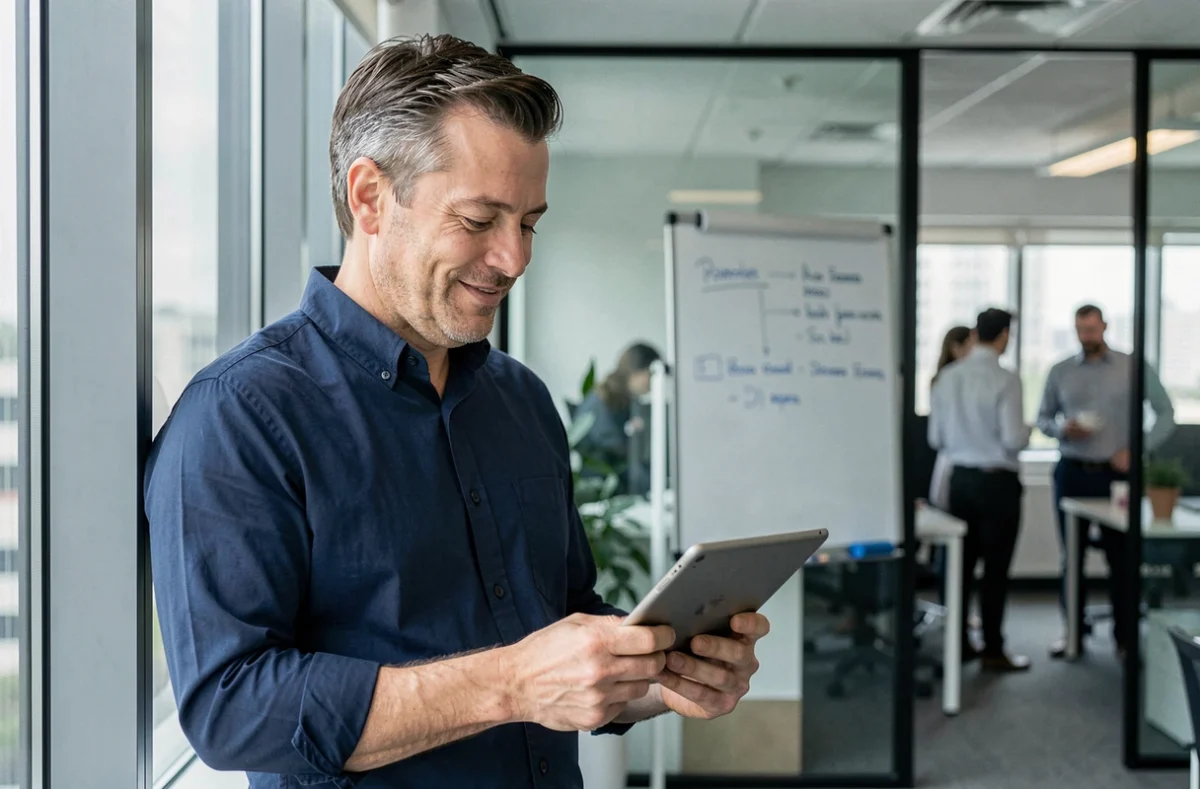 Employé consultant son planning et ses heures de travail sur une tablette en libre-service dans un espace de bureau vitré
