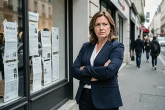 Employée H&M devant un magasin fermé avec affiche de fermeture sur la vitrine