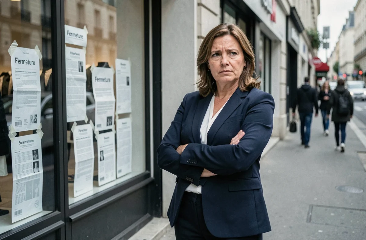 Employée H&M devant un magasin fermé avec affiche de fermeture sur la vitrine