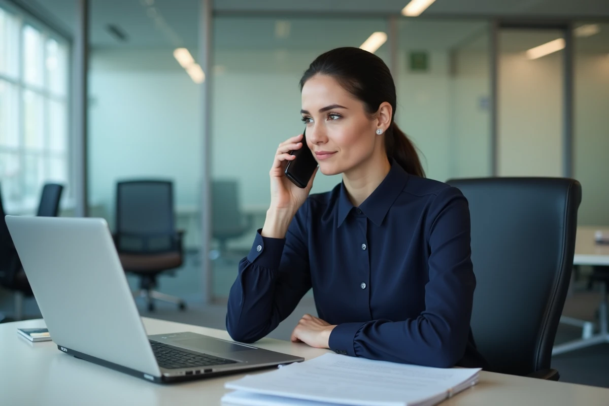 Employée Air France en uniforme contactant le support informatique par téléphone depuis son bureau en open space