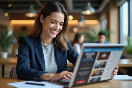 Employée souriante utilisant une plateforme de billetterie en ligne pour ses avantages salariés au bureau