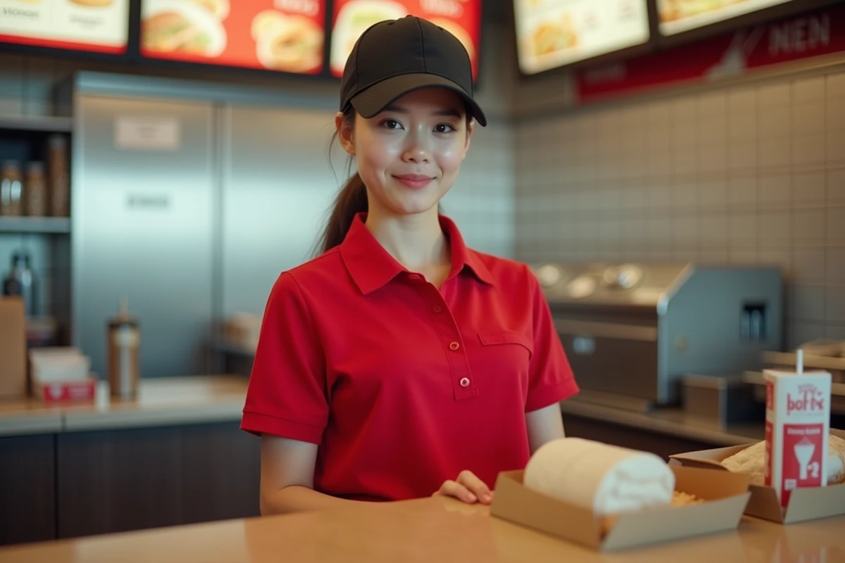 Jeune employée en uniforme de fast-food derrière un comptoir de restauration rapide type McDo