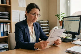 Enseignante consultant son bulletin de paie éducation nationale avec une expression préoccupée dans un bureau administratif scolaire
