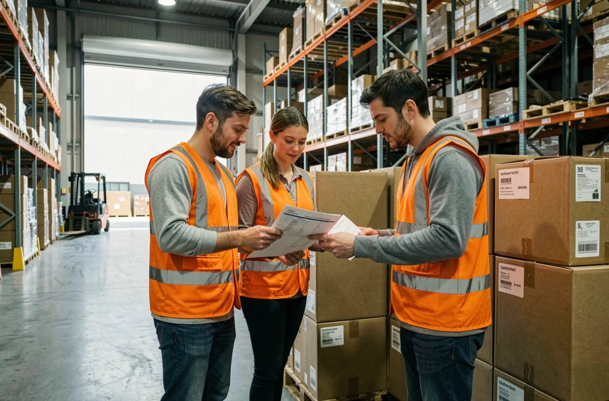 Employés d'entrepôt vérifiant des documents douaniers Prodouane près de colis d'exportation